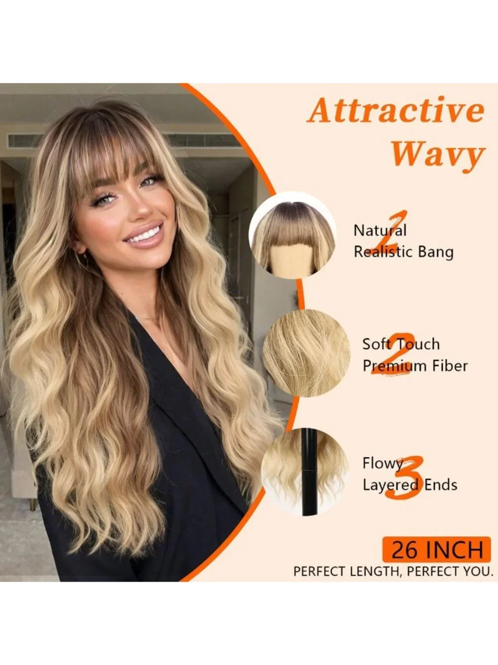 Long Wavy Blonde Wig with Bangs for Women - 26 Inch Stylish Hairpiece